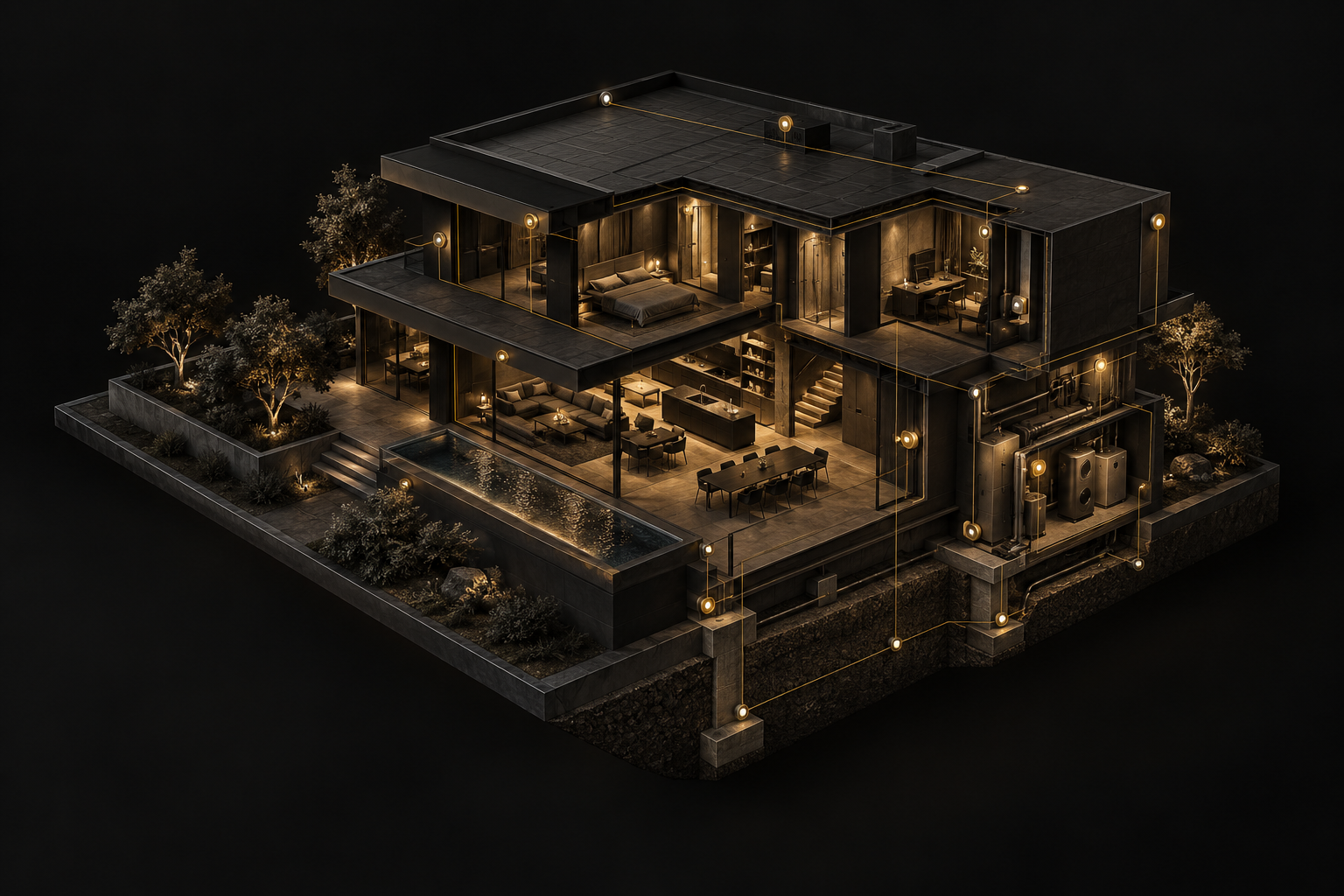 Concept artwork of a residence with connected property monitoring sensors
